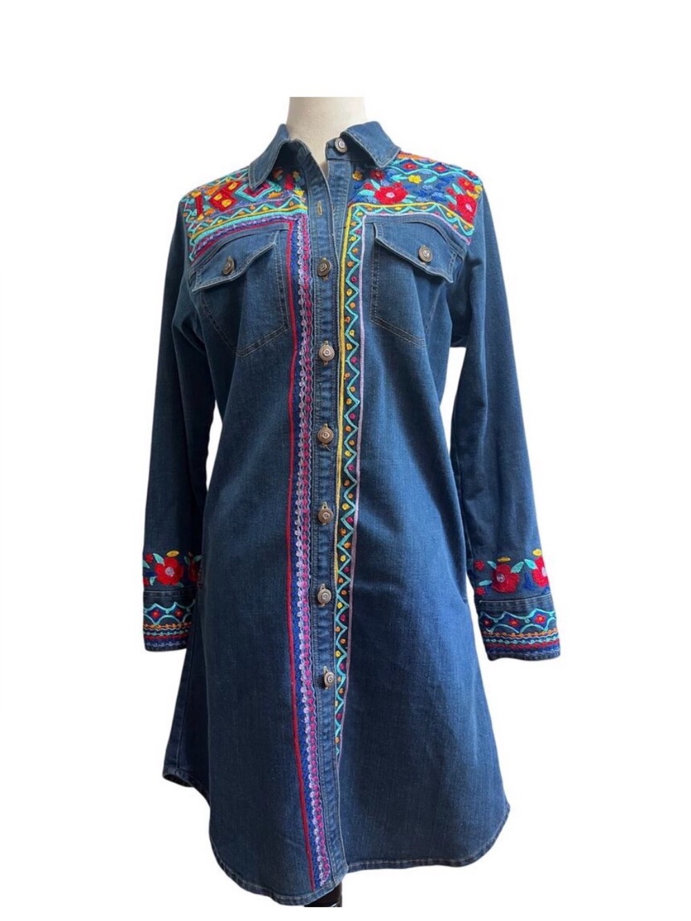 Vintage Collection Embroidered Denim Shirt Dress Tunic Boho Western S